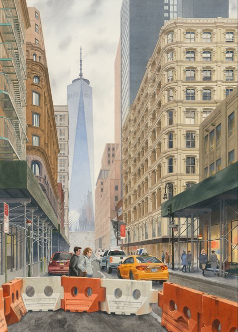 My original watercolor painting: "The gilt is off", 2020 (Fulton street, Manhattan, New York City) Wall Street Nyc, New York Painting, Fulton Street, Street Painting, Street New York, Nyc Art, Nyc Street, Cityscape Painting, Manhattan New York