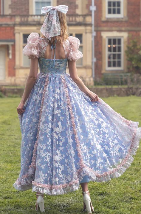 Princess Dress Aesthetic, Magical Gown, Femenine Fashion, Cinderella Inspired Dress, Long Flower Dress, Princess Look, Pink And Blue Dress, Blue Ruffle Dress, Blue Flower Dress