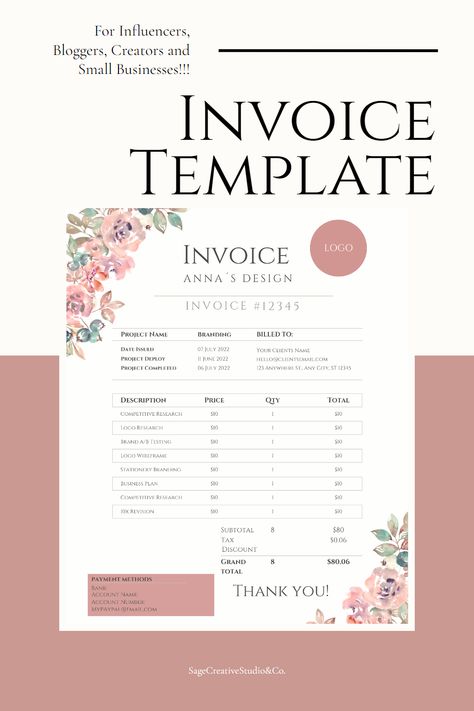 This invoice template for word is professional and on-trend and creates a striking presence to use for sending clients their custom order forms or invoice particulars. It is completely customizable, feel free to change colors, text size, add or delete items or even change to standard fonts. Visit my shop for more designs and freebies!😍 Cute Invoice Design, Small Business Invoice Templates, Invoice Template Free Download, Digital Receipt, Free Fonts For Commercial Use, Invoice Sample, Fonts For Commercial Use, Order Template, Template For Social Media