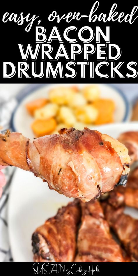 Easy oven-baked, bacon wrapped drumsticks are the perfect combination of juicy and flavorful with a hint of crunch. Bacon Wrapped Drumsticks, Crispy Baked Chicken Legs, Maple Bacon Brussel Sprouts, Drumsticks Oven, Oven Baked Bacon, Bacon Wrapped Jalapeno Poppers, Bacon Wrapped Scallops, Bacon Wrapped Pork, Bacon Wrapped Jalapenos