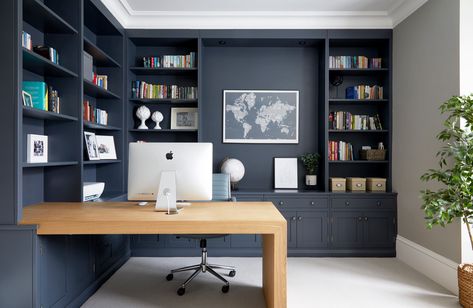 Front Room Office, Library Rooms, Transitional Home Office, Built In Bookshelves, Home Study Rooms, Home Office Layouts, Home Office Built Ins, Office Built Ins, Bold Kitchen