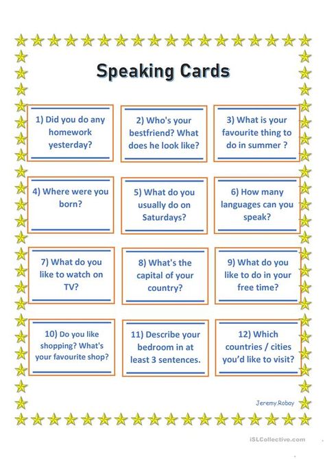 Speaking Cards for Beginners - English ESL Worksheets for distance learning and physical classrooms English Speaking Worksheets, Conversational English For Kids, Speaking Activities Esl Beginners, Classroom English For Teachers, English Conversation Learning Worksheets, Speaking Questions For Beginners, English Worksheets For Beginners, English Speaking Practice Topics, Teaching English For Beginners