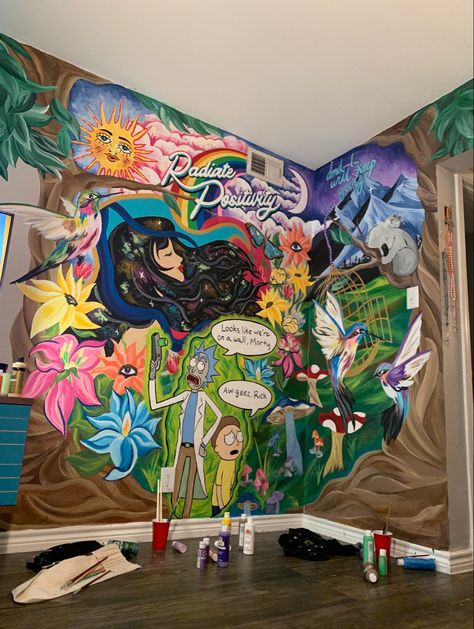 Trippy Wall Paintings Bedroom, Trippy Wall Paintings, Trippy Wall Mural, Odd Drawings, Wall Painting Ideas Creative, Bedroom Art Painting, Graffiti Room, Cartoon Wall Painting, Trippy Wall Art