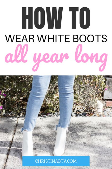 How to wear white boots all year round! #fashiontips #styletips #whiteboots #fashiontrends #style #outfitideas #lookbook Ankle White Boots Outfit, White Boots And Jeans, How To Style White Boots, White Boots Outfit Aesthetic, White Boots Outfit Ankle Booties, White Boot Outfits, Outfits With White Boots, White Booties Outfit, White Boots Outfit