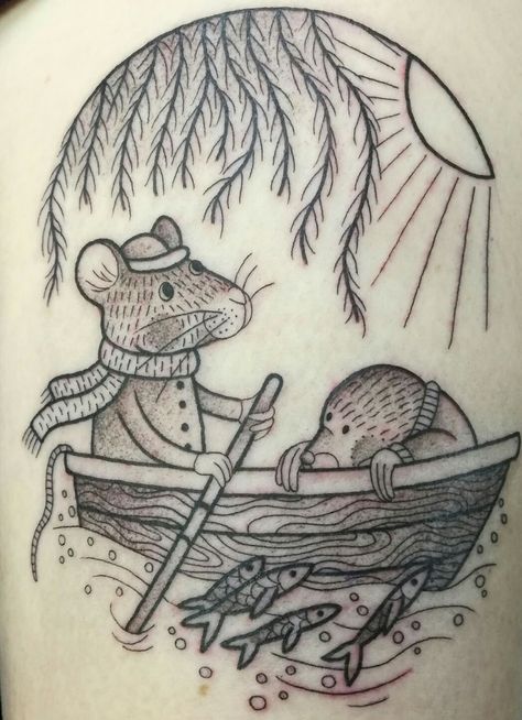 Wind in the willows thigh tattoo Traditional Possum Tattoo, Possum Tattoo, Racoon Tattoo, Tattoo Artist Tips, Mouse Tattoo, Punk Drawing, Rat Tattoo, Baby Tattoo Designs, Animals Tattoo