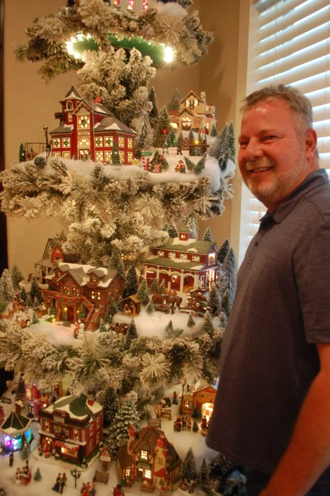 Tiered Christmas Tree Village, Christmas Tree With Village In It, Christmas Village Display Ideas Diy Tree, Wooden Christmas Village Display, Christmas Village Display Tree Plans, Ideas For Displaying Christmas Village, Vertical Christmas Village Display, Christmas Village Tree Plans, Christmas Town Tree