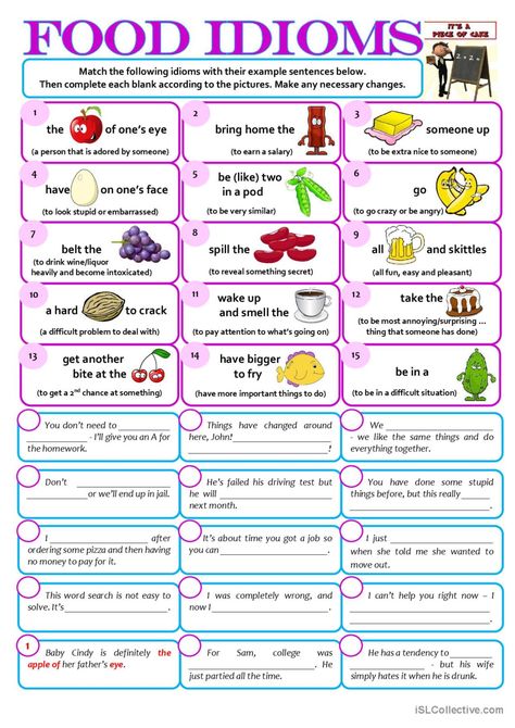 FOOD IDIOMS: English ESL worksheets pdf & doc Food Idioms, Idioms Activities, Idioms English, Food Names, Esl Worksheets, Bad Timing, Teaching English, Homework