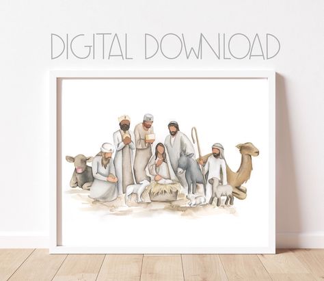 Nativity Watercolor Digital Download Neutral Nativity Painting Mary and Joseph Baby Jesus Picture Christ Child Printable - Etsy Nativity Shepherds Drawing, Christmas Pictures To Paint, Nativity Watercolor, Baby Jesus Pictures, Nativity Painting, Diy Nativity, Diy Stocking Stuffers, Mary And Joseph, Christ Centered Christmas