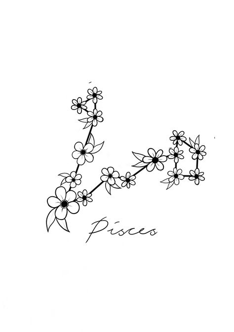 Pisces constellation with a wild flower twist. Pisces Flower Constellation Tattoo, Pisces Constellation Tattoo Floral, Pisces Tattoo Constellation Flowers, Flower Pisces Tattoo, Unmatching Tattoos, Pisces Constilation Tattoo, Pisces Tattoo Flowers, Cute Pisces Tattoos, Pisces Astrology Tattoo