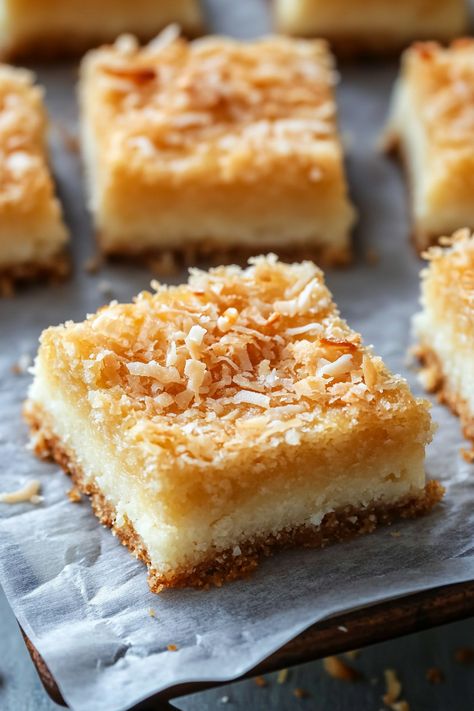 These Chewy Coconut Bars are made with simple ingredients: butter, eggs, flour, sugar, vanilla, unsweetened coconut flakes, and the secret ingredient—marshmallows. They're the perfect treat to enjoy with coffee or tea, and for an extra indulgent experience, warm them in the microwave for 10-15 seconds and top with a scoop of vanilla ice cream. In Recipes Using Coconut Flakes, Coconut Butterscotch Bars, Coconut Butter Bars, Fresh Coconut Recipes, Coconut Bakes, Coconut Bars Recipe, Butterscotch Bars, Coconut Baking, Lime Pie Recipe