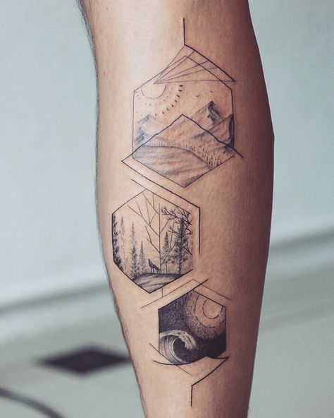 Mountain Ocean Forest Tattoo, Hexagon Mountain Tattoo, Forest And Ocean Tattoo, Calf Tattoo Geometric, Nature Linework Tattoo, Geometric Nature Tattoo Sleeve, Fine Line Nature Tattoo Sleeve, Geometric Nature Tattoo Design, Men Line Tattoo