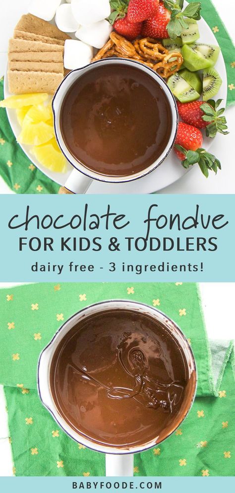 This Easy Chocolate Fondue for Toddlers and Kids is a healthy dessert that the entire family will enjoy! This fun fondue is made with just three real food ingredients - chocolate, coconut oil, and cinnamon - so it's a terrific dairy free, gluten free, and refined sugar free treat for your little ones! Add your favorite dippers (healthy or not) and throw a fun fondue party at home! #dairyfree #chocolate #healthytreats #kidfriendly Easy Chocolate Fondue, Dairy Free Baby, Easy Fondue, Chocolate Fondue Recipe, Snacks Kids, Kid Friendly Dessert, Dairy Free Treats, Toddler Recipes, Dairy Free Snacks