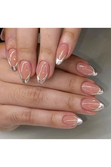 24Pcs Silver French Tip Press on Nails Short Fake Nails Almond False Nails French Glue on Nails Design Full Cover Stick on Nails Nude Glossy Acrylic Nails Silver Nails Tip French Manicure for Women Silver French Tip Chrome Nails, French Nails Silver Tip, French Nail Art Designs Classy, Nude Silver Nails, Silver Nails French Tip, Nails With Silver Tips, Nude And Silver Nails, Silver Short Nails, Silver Almond Nails