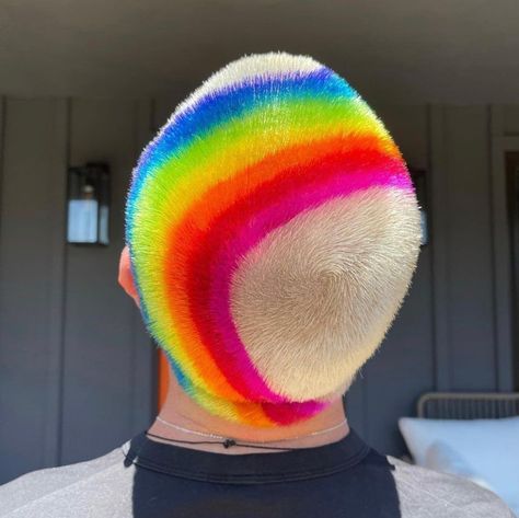 Watercolor Hair Dye, Pride Buzzcut, Dyed Buzzcut, Splat Hair Dye, Cotton Candy Pink Hair, Pride Hair, Watercolour Hair, Splat Hair Color, Neon Green Hair