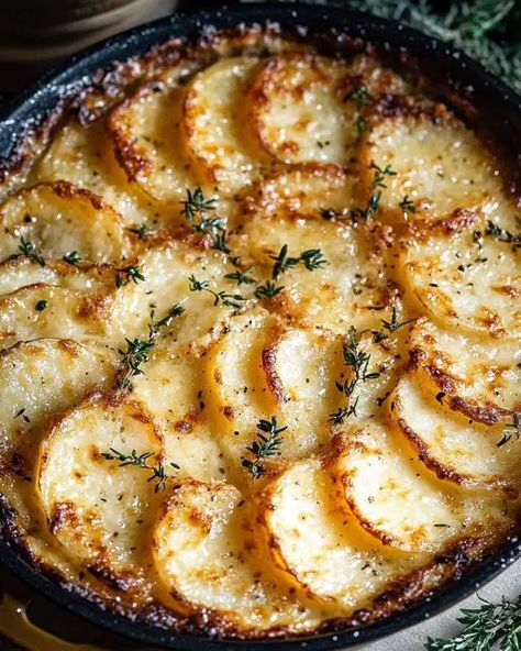 Crispy Parmesan and Gruyere Potato Gratin - Miarecipes Lobster Cream Sauce, Thanksgiving Casserole, Caramelized Shallots, Autumn Side Dishes, Crispy Cheese, Potato Gratin, Cheese Topping, Potato Side Dishes, Dinner Sides