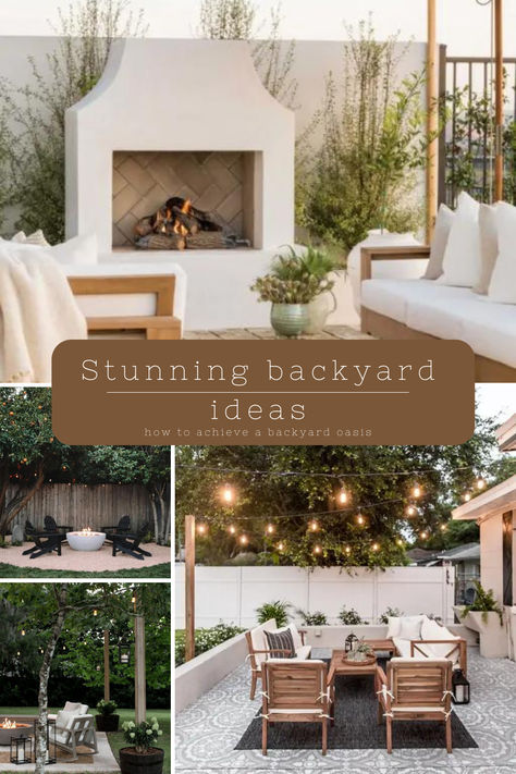 Stunning backyard photos with outdoor seating, string lights and fireplace. How To Make Your Backyard An Oasis, Budget Friendly Outdoor Space, Backyard Feature Wall, Creating Outdoor Spaces, Inviting Backyard Ideas, Small Space Backyard Ideas, Italian Style Backyard, Backyard Setup Ideas, Incredible Backyards