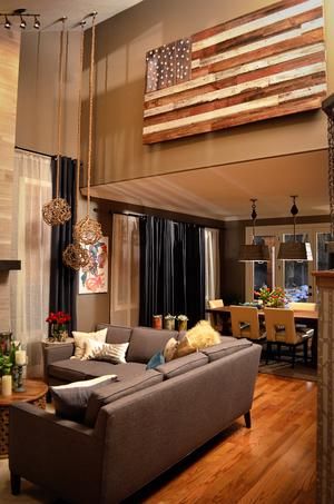 Click to Enlarge Decorating High Walls, High Ceiling Decorating, Barn Wood Decor, High Ceiling Living Room, Giant Star, Tall Ceilings, Brown Paint, High Walls, High Ceilings