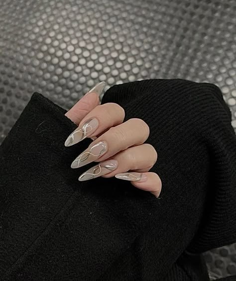 Transparent Cybercore, Swirly Nails, Nails Acrylic Almond, Gel Toe Nails, Goth Nails, Casual Nails, Blush Nails, Gray Nails, Crazy Nails