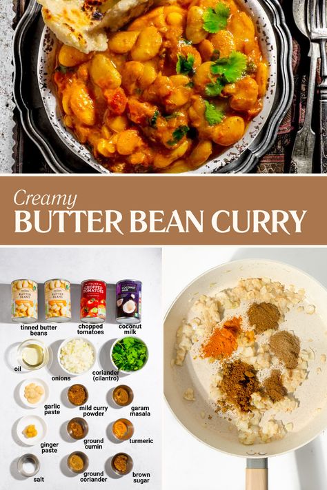 Butter bean curry in a bowl alongside a bowl of rice and a bowl of yoghurt. Butter Bean Curry Recipe, Butter Bean Curry, S&b Curry Recipe, Butterbean Curry, Curried Beans Recipe, Easy Indian Curry, Indian Beans Recipe, Bean Curry Recipe, Curry With Coconut Milk