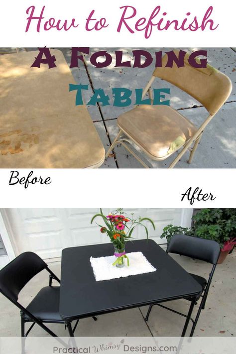 Is your folding table in need of a little TLC? You can refinish your table and chairs and make them look new with these simple steps. Read more on practicalwhimsydesigns.com. #refinishedtable #upcycledtable #foldingtable Folding Table And Chairs, Metal Folding Table, Refinished Table, Upcycle Table, Outdoor Folding Table, Diy Furniture Redo, Upcycled Furniture Diy, Upcycled Projects, Foldable Table