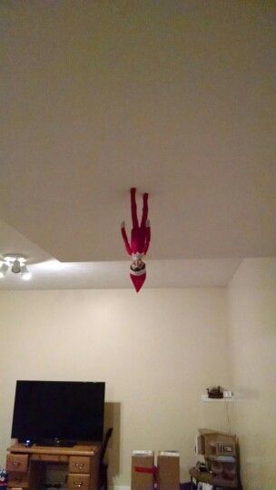 A little Christmas magic for our elf on the shelf. He is walking on the ceiling. Crazy Elf Ideas, Crazy Elf On The Shelf Ideas, Elf Last Night, Elf Shenanigans, Elf Ideas Easy, Bad Elf, Elf Shelf, Shelf Elf, Awesome Elf On The Shelf Ideas