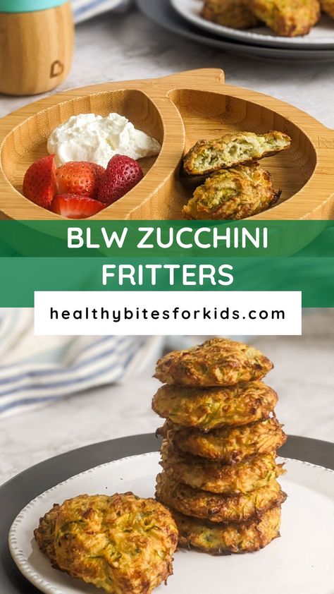 First: Zucchini fritters on stack served on white plate. Second: Ingredients used for zucchini fritters. Veggie Fritters Baby, Zucchini Fritters Baby, Blw Fritters, Blw Zucchini, Easy Zucchini Fritters, Blw Meals, Baked Zucchini Fritters, Planning A Picnic, Easy Baby Food