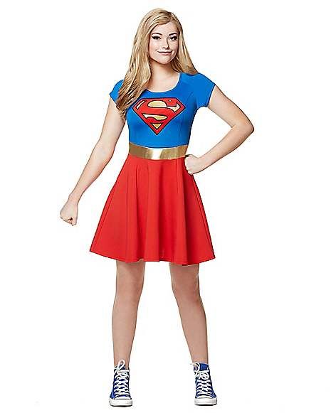 Adult Supergirl Dress - DC Comics - Spirithalloween.com Supergirl Halloween, Supergirl Halloween Costume, Supergirl Costume, Diy Mickey Ears, Supergirl Cosplay, Superhero Fashion, Cheerleader Costume, Super Girl, Family Halloween Costumes