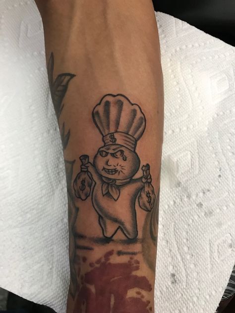 Pillsbury Doughboy Cartoon Tattoo Hood Cartoon Tattoos, Doughboy Tattoo Design, Pillsbury Doughboy Tattoo Design, Pillsbury Doughboy Drawing, Cartoon Hand Tattoo, Pillsbury Doughboy Tattoo, Doughboy Tattoo, Cartoon Tattoos For Men, Hood Tattoo Designs