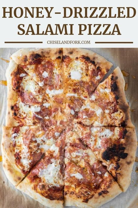 Pizza loaded salami and then drizzled with hot honey is a unique, but perfect twist on a traditional pizza that hits the sweet and spicy taste buds. #salamipizza #hothoneypizza #honeydrizzledsalamipizza #uniquepizza | chiselandfork.com Pizza With Salami, Salami Flatbread Pizza, Salami Pizza Recipes, Winter Pizza Recipes, Unique Pizza Ideas, Winter Pizza, Pizza With Honey, Hot Honey Pizza, Friday Dinners