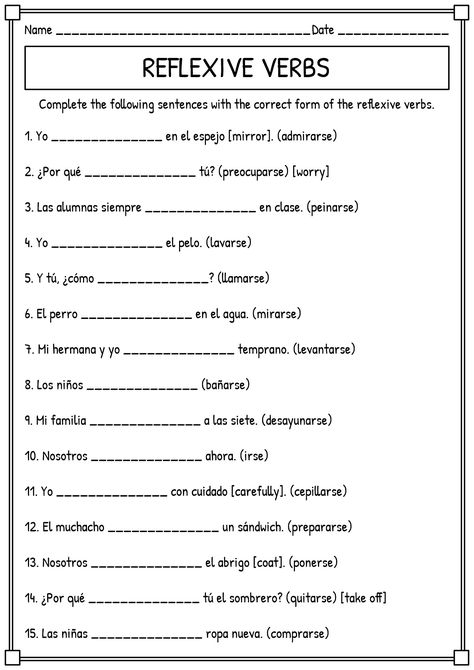 Spanish Reflexive Verbs Worksheet Spanish Practice Worksheets, Reflexive Verbs In Spanish, Common Spanish Verbs, Spanish Reflexive Verbs Activities, 100 Most Used Spanish Verbs, Spanish Regular Verbs, Spanish Reflexive Verbs, Spanish Verb Conjugation, Reflexive Verbs