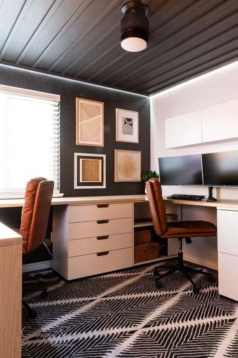 DIY Small Home Office for Two an IKEA Desk Hack | ©GarrisonStreetDesignStudio | DIY | Desk | Small Home Office | For Two | IKEA Desk Hack | IKEA Galant | IKEA Office | Dual Home Office | Small | 10x10 | U Shaped | Two Person Desk | With Storage | His & Hers | Black and White | Wood | Double Office Ideas Layout | Dual Office Ideas Home | Double Home Office | Double Work Station| Home Office | Setup | Office for Two People | Setup | Floor Plan | Design | IKEA Desk DIY | IKEA Office Hack Home Office For Two People Ikea, Small Double Home Office, Small Office With Two Desks Layout, L Shaped Double Desk, 2 Person Home Office Desks, Home Office With Multiple Desks, Small Office With 2 Desks Ideas, Architects Home Office, Couple Office Room