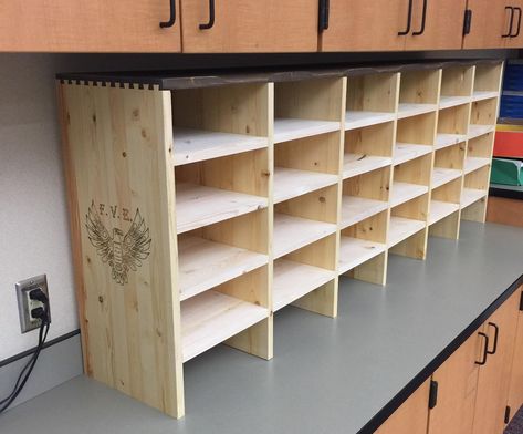 Art Cubby Ideas, Classroom Wall Shelves, Classroom Mailbox Ideas Diy, Classroom Diy Furniture, Preschool Cubbies Ideas, Classroom Mailboxes Diy, Classroom Cubby Ideas, Diy Classroom Cubbies, Classroom Mailbox