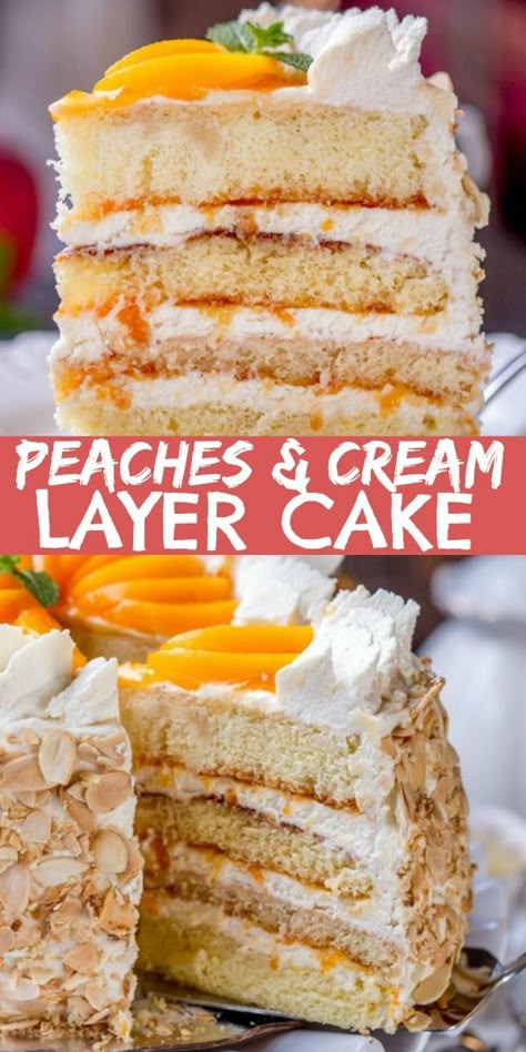 Peaches and Cream Cake Recipe – Easy Dessert made of Soft layers of Sponge Cake with Chunky Peach Preserve and lightly sweetened Whipped Cream. #letthebakingbegin #cake #peaches #peachesandcream #dessert #cakerecipe Square Layer Cake Ideas, Whipped Cream Dessert Ideas, Fruit Flavored Cake Recipes, White Peach Dessert Recipes, Easy Layered Cake Recipes, Peach Birthday Cake Ideas, Spring Cake Flavor Ideas, Peach Layer Cake, Bake Sale Cakes