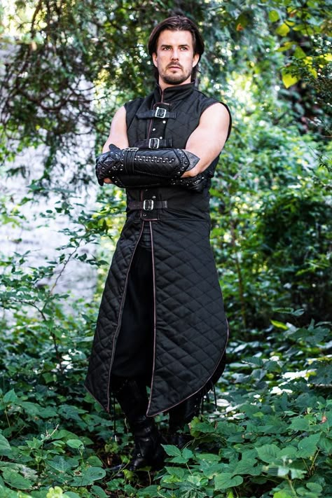 Medieval Trench Coat, Mens Elven Clothing, Midevil Clothing Men, Fantasy Vest Male, Rem Faire Outfit Men, Sleeveless Fantasy Outfit Male, Medival Outfits Man, Fantasy Long Coat, Mens Fantasy Fashion Art