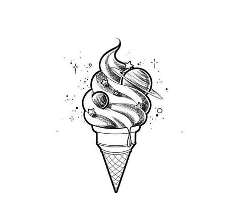 Cute Ice Cream Tattoo, Ice Cream Tattoo Ideas, Ice Cream Cone Tattoo, Bestie Tats, Galaxy Ideas, Galaxy Ice Cream, Ice Cream Tattoo, Donut Tattoo, Line Doodles