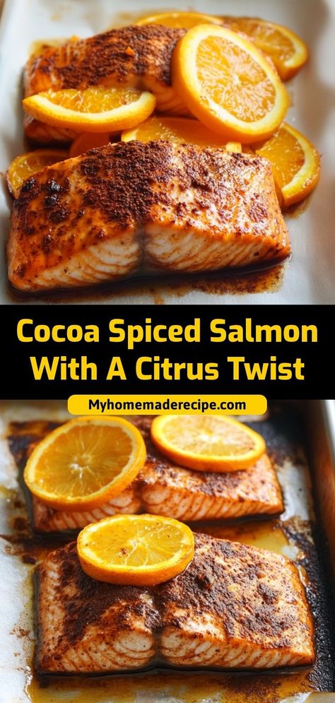 Discover this unique salmon recipe that combines rich cocoa with bright citrus! This restaurant-worthy dish features a perfectly seared salmon with an unexpected spice blend that'll wow your taste buds. Elegant enough for date night, easy enough for weekdays. Ingredients: 2 lbs fresh salmon fillets 2 tbsp cocoa powder 2 oranges, juiced 1 tbsp chili powder Elevate your salmon game with this unexpected flavor combo! 🐟✨ Salmon In Oven, Salmon With Orange, Citrus Salmon, Spiced Salmon, Crispy Salmon, Salmon Spices, Dinner Ingredients, Marinated Salmon, Fresh Salmon