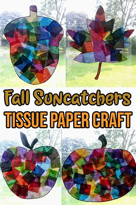 Tissue Paper Craft Preschool, Fall Sun Catchers Preschool, Tissue Paper Fall Crafts, Tissue Paper Halloween Crafts, Halloween Tissue Paper Crafts, Fall Suncatcher Craft, Memory Care Crafts, Tissue Paper Art For Kids, Tissue Paper Sun Catcher