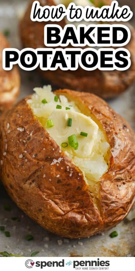 Once you know how to make delicious baked potatoes this will become your go-to recipe. This fail-proof method guarantees the fluffiest baked spuds with perfectly crispy skins. Enjoy this easy side dish by adding a pat of butter and dollop of sour cream, or transform them into a loaded baked potato by stacking them with crispy bacon and melted cheddar. #howtomakebakedpotatoes #bakedpotatoes #howtomakebakedpotatoeswithcrispyskin #spendwithpennies Best Potatoes For Baking, Make Baked Potatoes, Easy Baked Potato, Baked Potato Skins, Baked Potato Bar, Best Baked Potato, Perfect Baked Potato, Making Baked Potatoes, Baked Potato Recipes