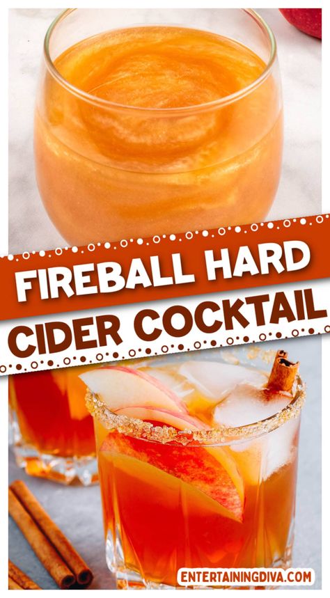 Fireball Hard Cider Cocktail Apple Cider And Fireball Drink, Fireball Apple Cider, Hard Cider Cocktail, Fireball Cocktails, Hard Cider Recipe, Fireball Drinks, Cider Cocktail Recipes, Festive Cocktail Recipes, Fruity Alcohol Drinks