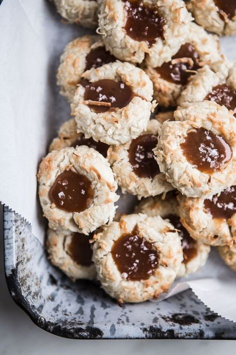 Coconut Thumbprint Cookies with Salted Caramel Coconut Thumbprint Cookies, Chocolate Rugelach, Persimmon Cookies, Cookies Thumbprint, Chocolate Gingerbread Cookies, Soft Toffee, Italian Almond Cookies, Modern Proper, The Modern Proper