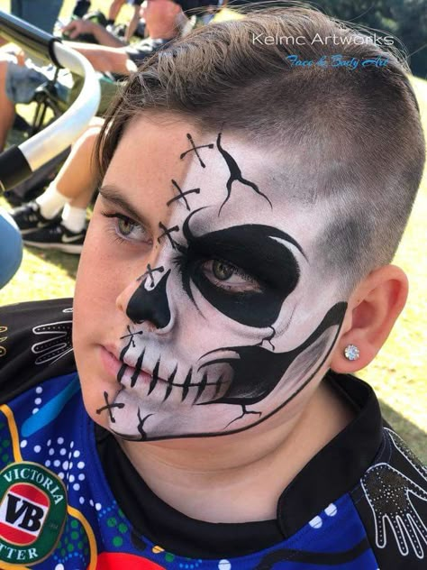 Great skull. Half Painted Skeleton Face, Boy Skull Makeup, Skull Face Paint Kids, Kids Skull Face Paint, Boys Halloween Face Paint, Skeleton Face Paint For Kids, Skeleton Face Paint Kids, Skull Face Paint Easy, Easy Skeleton Face Paint