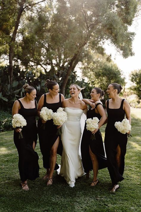 Bridesmaids Black Dresses, Black Satin Bridesmaid Dresses, Bridesmaid Aesthetic, Bridesmaids Photoshoot, Bridesmaids In Black, Bridesmaid Dresses Black, Black Bridesmaids Dresses, Ivory Tribe, Black Bridesmaid Dress