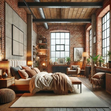 Continuing the topic of interior styles, today we are talking about the LOFT style. The LOFT interior style originated in the USA, in New York City, in areas such as Soho and Tribeca, which became symbols of this style due to their industrial architecture. Initially, this was a forced measure: abandoned industrial buildings, factories, and warehouses began to be used as housing because they were cheap and spacious. Artists, designers and bohemian personalities found these spaces to be ide... Industrial Bedroom Design Ideas, Apartment Interior New York, Ny Loft Style Interior Design, Office With Brick Wall Interior Design, New York Industrial Interior, Loft Apartment Bedroom Ideas, Warehouse Apartment Industrial, Industrial New York Apartment, Warehouse Studio Apartment