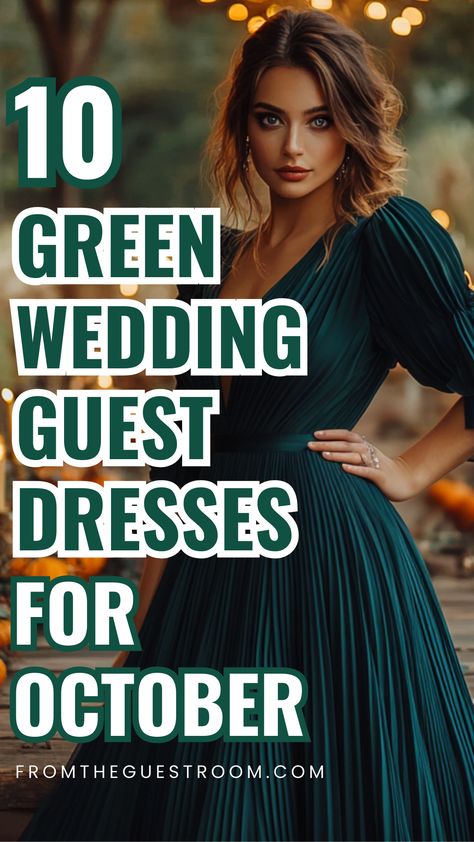 a woman wears a green wedding guest dress for october Wedding Guest Dress For Fall, Autumn Wedding Guest Outfit, October Wedding Guest Outfits, October Wedding Guest Dress, Wedding Guest Dresses For Fall, Country Wedding Guest Dress, November Wedding Guest Outfits, Dress Fall Wedding Guest, Autumn Wedding Guest