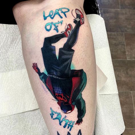 Jordan Baker on Instagram: “Last week included this Into The Spiderverse Miles Morales tattoo, I loved the film so this piece was a blast to do 🕸🕷 ❗️ contact…” Miles Morales Tattoo Ideas, Spiderverse Tattoo, Miles Morales Tattoo, Spiderverse Miles, Forest Forearm Tattoo, Spiderman Tattoo, Best Leg Tattoos, Into The Spiderverse, Jordan Baker