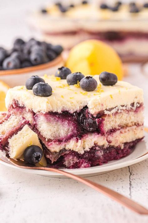 Blueberry Lemon Tiramisu, Blueberry Tiramisu Recipe, Fruit Tiramisu Recipe, Light Fruity Desserts, Blackberry Tiramisu, Entremet Recipes, Blueberry Tiramisu, Lemon Tiramisu, Hot Sandwich Recipes