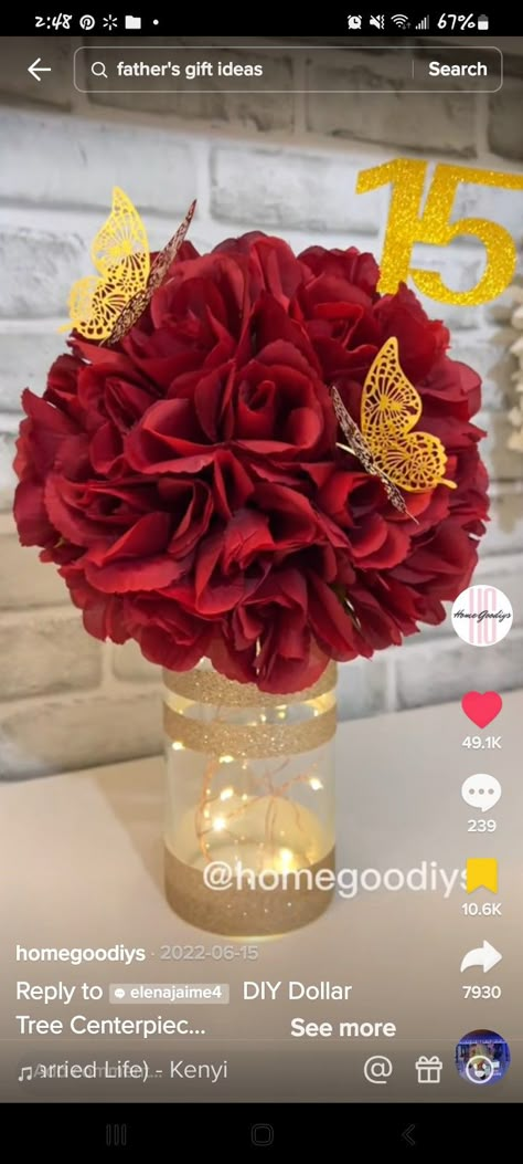 Sweet 15 Centerpieces, Quince Decorations Red, Red And Gold Quinceanera Decorations, Centerpieces For Quinceanera, Butterfly Quince Theme, Red Quinceanera Theme, Diy Quinceanera Decorations, Gold Quinceanera Theme, Butterfly Quinceanera Theme