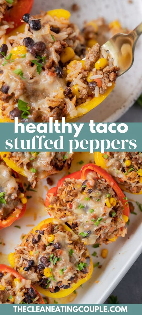 This easy Taco Stuffed Peppers recipe is perfect for a quick dinner! Learn how to make taco stuffed bell peppers that are healthy & yummy! Made with turkey or beef and with rice! Healthy Recipes For Lunch Work, Taco Stuffed Bell Peppers, Healthy Taco, Taco Stuffed Peppers, Stuffed Peppers Recipe, How To Make Taco, Healthy Tacos, Easy Healthy Meal Prep, Easy Taco