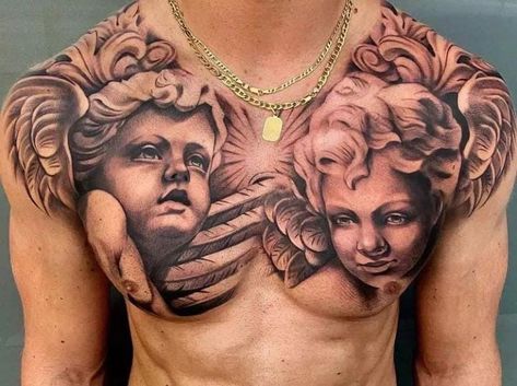 Upper Shoulder Tattoo, Cherub Tattoo Designs, Tattoo Character, Full Chest Tattoos, Cherub Tattoo, Throat Tattoo, Gangsta Tattoos, Compass Tattoo Design, Chicano Style Tattoo