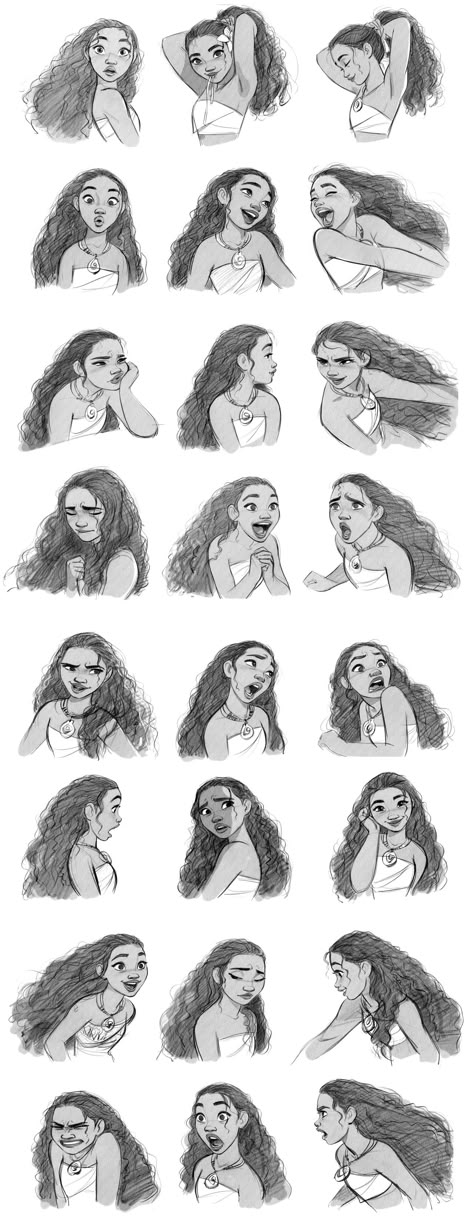 "Moana facial expressions. It was very challenging to make her every expressions and attitudes look like a 14 year old girl. Drawing a girl is always much harder than drawing a male character at least for me." How To Draw Old People, Comic Faces, Character Expressions, Facial Expressions Drawing, Disney Inspiration, Expression Sheet, Drawing Face Expressions, Drawing Cartoon Faces, Drawing Eyes